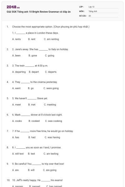 Giải SGK Tiếng anh 10 Bright Review Grammar có đáp án