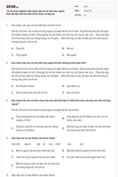 10 câu trắc nghiệm Viết đoạn văn kể về một việc người thân đã làm cho em Kết nối tri thức có đáp án