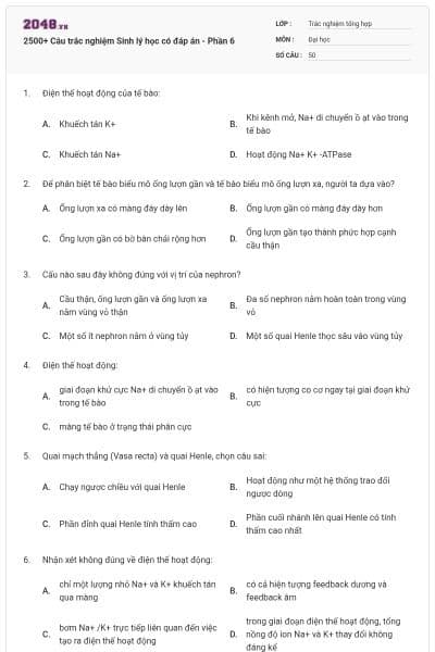 2500+ Câu trắc nghiệm Sinh lý học có đáp án - Phần 6