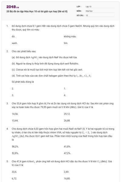 20 Bộ đề ôn tập Hóa Học 10 có lời giải cực hay (Đề số 8)