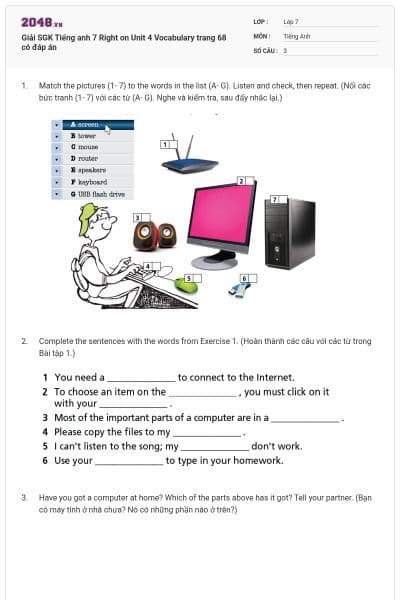 Giải SGK Tiếng anh 7 Right on Unit 4 Vocabulary trang 68 có đáp án