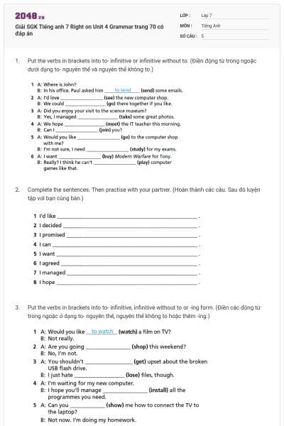 Giải SGK Tiếng anh 7 Right on Unit 4 Grammar trang 70 có đáp án