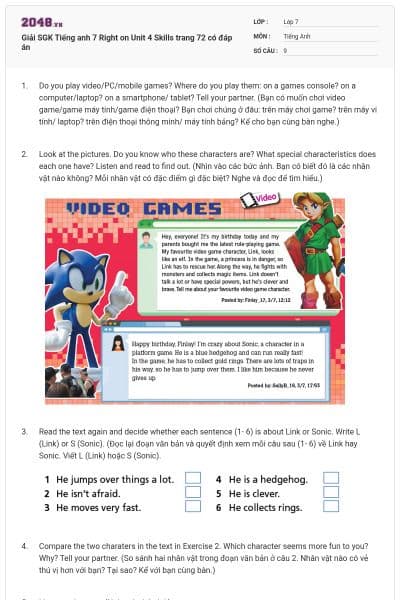 Giải SGK Tiếng anh 7 Right on Unit 4 Skills trang 72 có đáp án