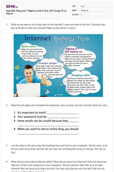 Giải SGK Tiếng anh 7 Right on Unit 4 CLIL (ICT) trang 74 có đáp án