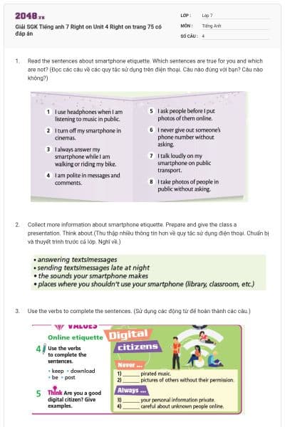 Giải SGK Tiếng anh 7 Right on Unit 4 Right on trang 75 có đáp án