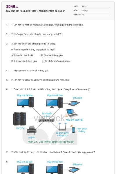 Giải SGK Tin học 6 CTST Bài 4: Mạng máy tính có đáp án