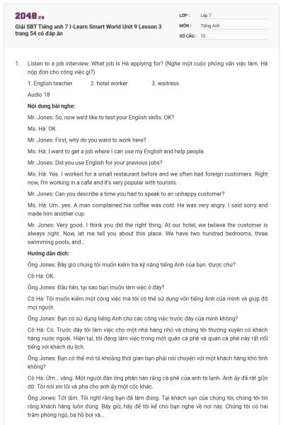 Giải SBT Tiếng anh 7 I-Learn Smart World Unit 9 Lesson 3 trang 54 có đáp án