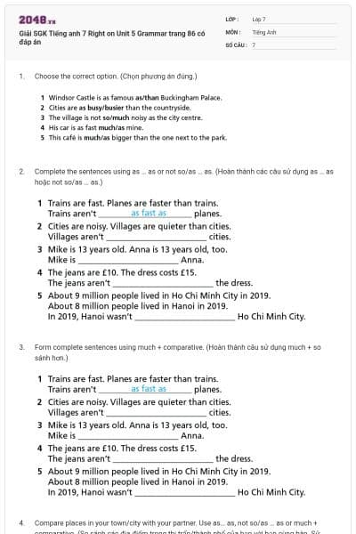 Giải SGK Tiếng anh 7 Right on Unit 5 Grammar trang 86 có đáp án