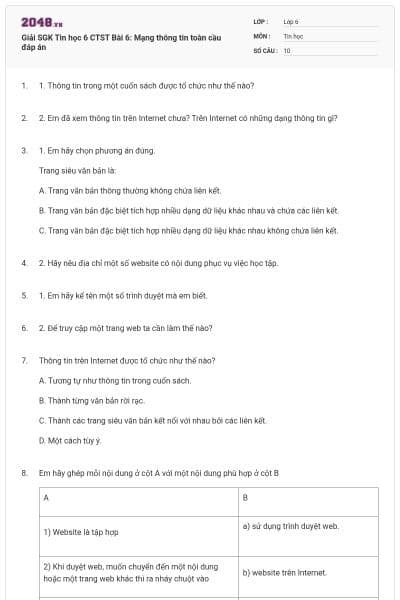 Giải SGK Tin học 6 CTST Bài 6: Mạng thông tin toàn cầu đáp án