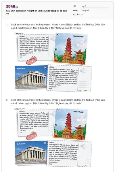 Giải SGK Tiếng anh 7 Right on Unit 5 Skills trang 88 có đáp án