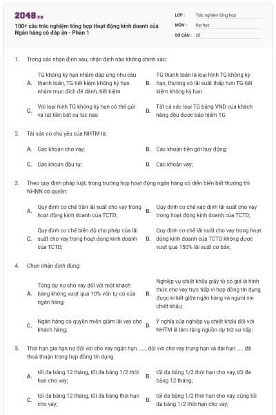 100+ câu trắc nghiệm tổng hợp Hoạt động kinh doanh của Ngân hàng có đáp án - Phần 1