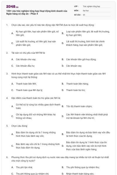 100+ câu trắc nghiệm tổng hợp Hoạt động kinh doanh của Ngân hàng có đáp án - Phần 4