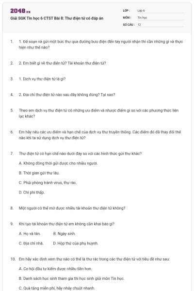 Giải SGK Tin học 6 CTST Bài 8: Thư điện tử có đáp án