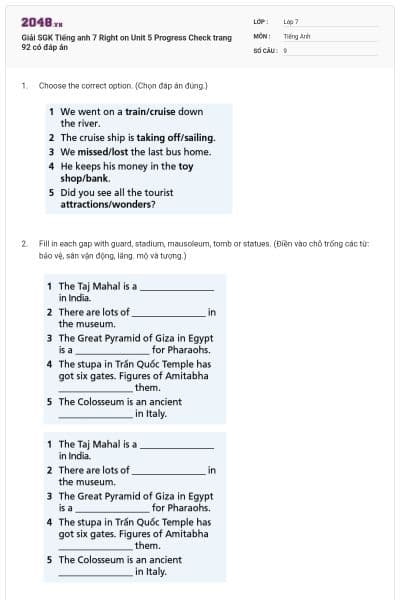 Giải SGK Tiếng anh 7 Right on Unit 5 Progress Check trang 92 có đáp án