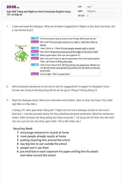 Giải SGK Tiếng anh Right on Unit 6 Everyday English trang 101 có đáp án