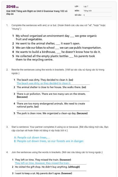 Giải SGK Tiếng anh Right on Unit 6 Grammar trang 102 có đáp án