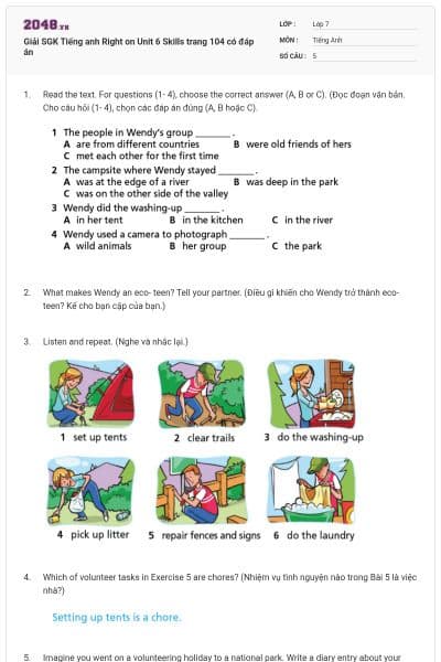 Giải SGK Tiếng anh Right on Unit 6 Skills trang 104 có đáp án