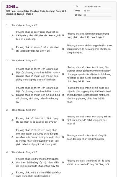 300+ câu trắc nghiệm tổng hợp Phân tích hoạt động kinh doanh có đáp án - Phần 8