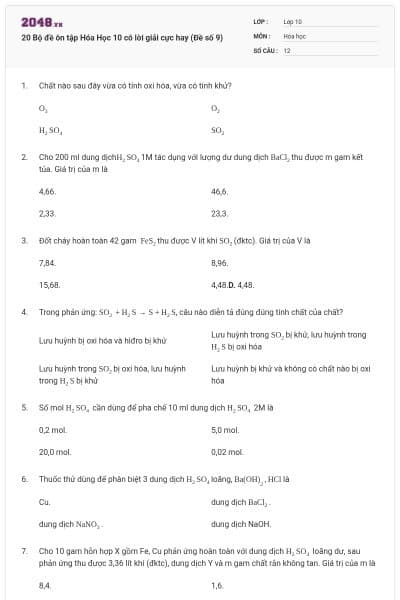 20 Bộ đề ôn tập Hóa Học 10 có lời giải cực hay (Đề số 9)