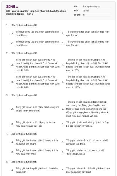 300+ câu trắc nghiệm tổng hợp Phân tích hoạt động kinh doanh có đáp án - Phần 9
