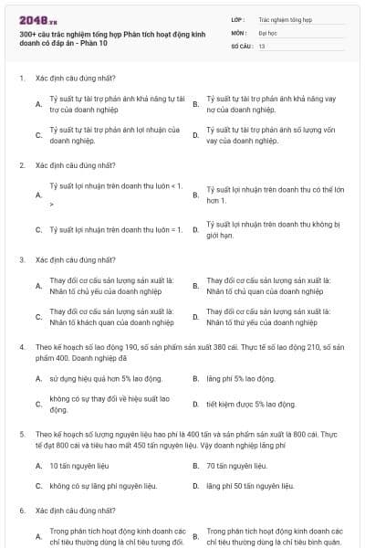 300+ câu trắc nghiệm tổng hợp Phân tích hoạt động kinh doanh có đáp án - Phần 10