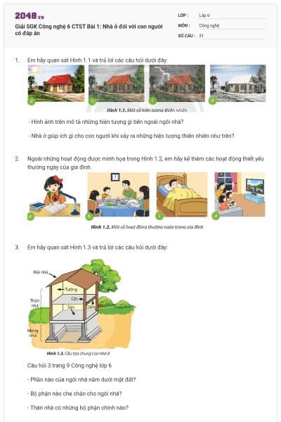 Giải SGK Công nghệ 6 CTST Bài 1: Nhà ở đối với con người có đáp án