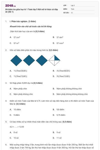 Đề kiểm tra giữa học kì 1 Toán lớp 5 Kết nối tri thức có đáp án (Đề 1)