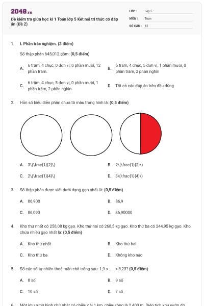 Đề kiểm tra giữa học kì 1 Toán lớp 5 Kết nối tri thức có đáp án (Đề 2)