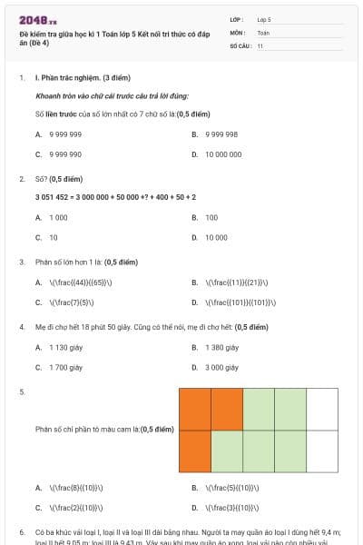 Đề kiểm tra giữa học kì 1 Toán lớp 5 Kết nối tri thức có đáp án (Đề 4)