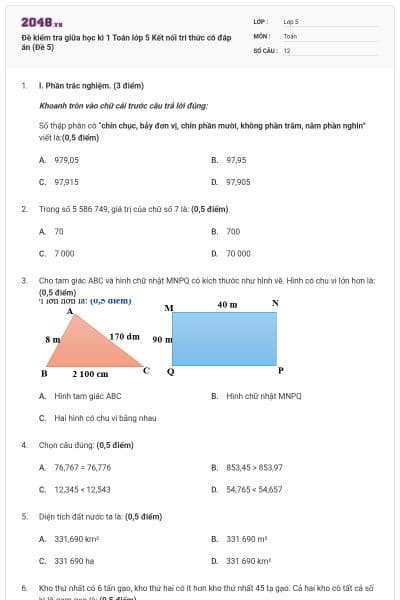 Đề kiểm tra giữa học kì 1 Toán lớp 5 Kết nối tri thức có đáp án (Đề 5)