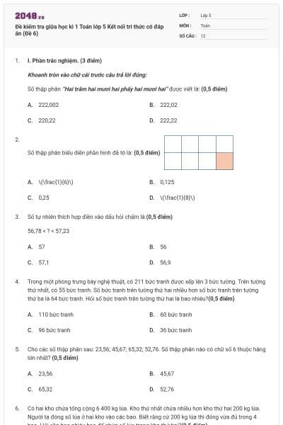 Đề kiểm tra giữa học kì 1 Toán lớp 5 Kết nối tri thức có đáp án (Đề 6)