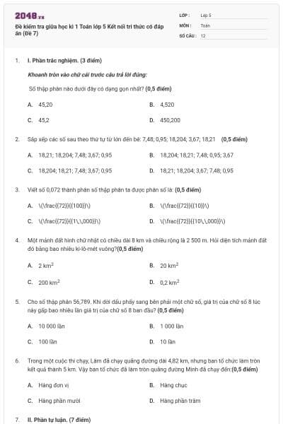 Đề kiểm tra giữa học kì 1 Toán lớp 5 Kết nối tri thức có đáp án (Đề 7)