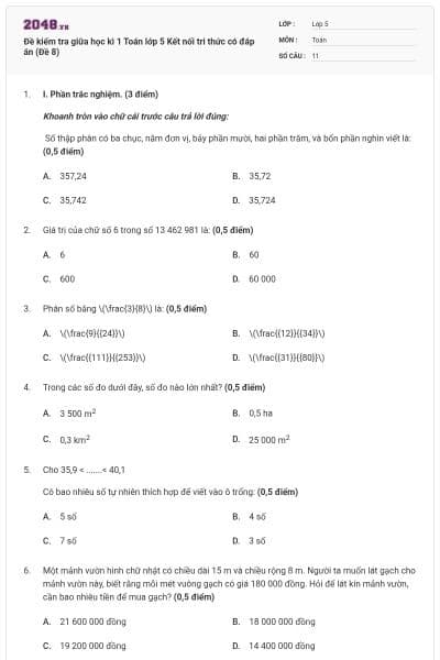 Đề kiểm tra giữa học kì 1 Toán lớp 5 Kết nối tri thức có đáp án (Đề 8)