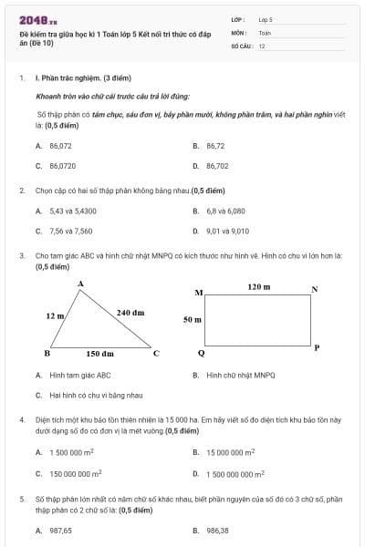 Đề kiểm tra giữa học kì 1 Toán lớp 5 Kết nối tri thức có đáp án (Đề 10)