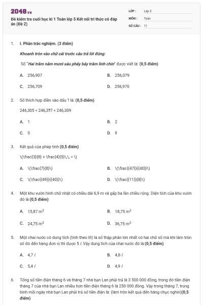 Đề kiểm tra cuối học kì 1 Toán lớp 5 Kết nối tri thức có đáp án (Đề 2)