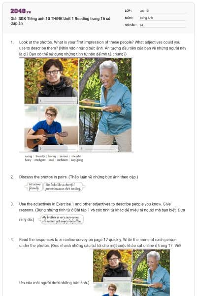 Giải SGK Tiếng anh 10 THiNK Unit 1 Reading trang 16 có đáp án