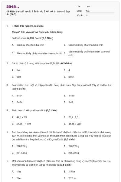 Đề kiểm tra cuối học kì 1 Toán lớp 5 Kết nối tri thức có đáp án (Đề 3)