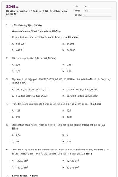 Đề kiểm tra cuối học kì 1 Toán lớp 5 Kết nối tri thức có đáp án (Đề 4)