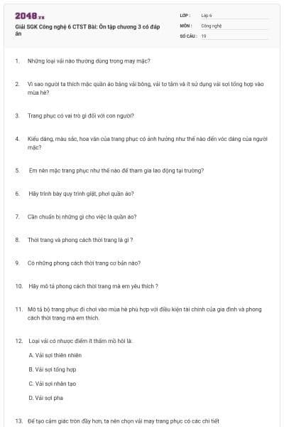 Giải SGK Công nghệ 6 CTST Bài: Ôn tập chương 3 có đáp án