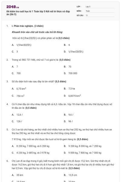 Đề kiểm tra cuối học kì 1 Toán lớp 5 Kết nối tri thức có đáp án (Đề 5)