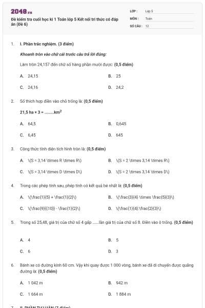 Đề kiểm tra cuối học kì 1 Toán lớp 5 Kết nối tri thức có đáp án (Đề 6)