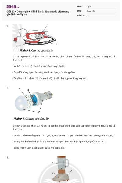 Giải SGK Công nghệ 6 CTST Bài 9: Sử dụng đồ điện trong gia đình có đáp án