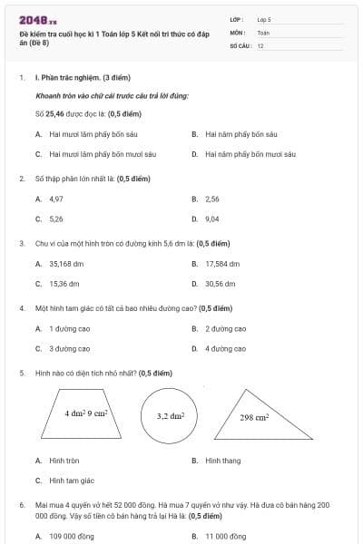 Đề kiểm tra cuối học kì 1 Toán lớp 5 Kết nối tri thức có đáp án (Đề 8)