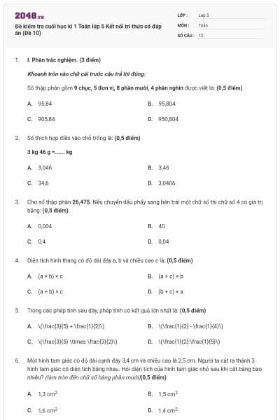 Đề kiểm tra cuối học kì 1 Toán lớp 5 Kết nối tri thức có đáp án (Đề 10)