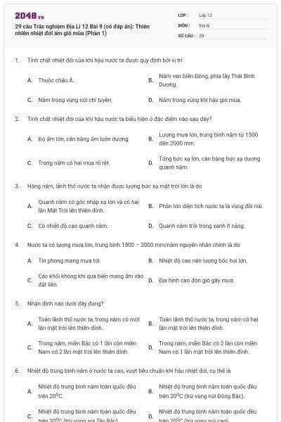29 câu Trắc nghiệm Địa Lí 12 Bài 9 (có đáp án): Thiên nhiên nhiệt đới ẩm gió mùa (Phần 1)