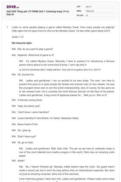 Giải SGK Tiếng anh 10 THiNK Unit 1 Listening trang 19 có đáp án