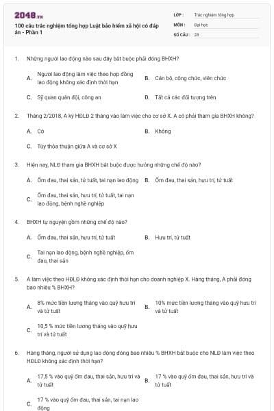 100 câu trắc nghiệm tổng hợp Luật bảo hiểm xã hội có đáp án - Phần 1