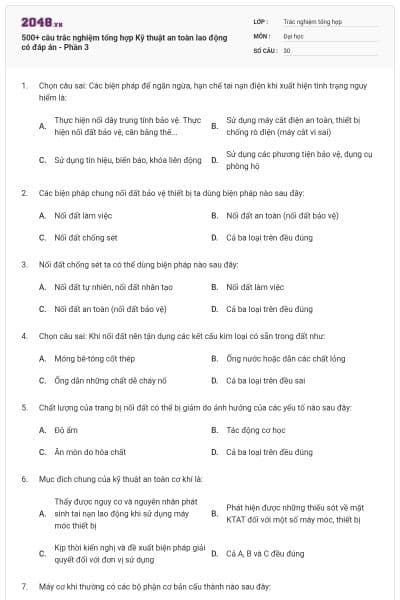 500+ câu trắc nghiệm tổng hợp Kỹ thuật an toàn lao động có đáp án - Phần 3