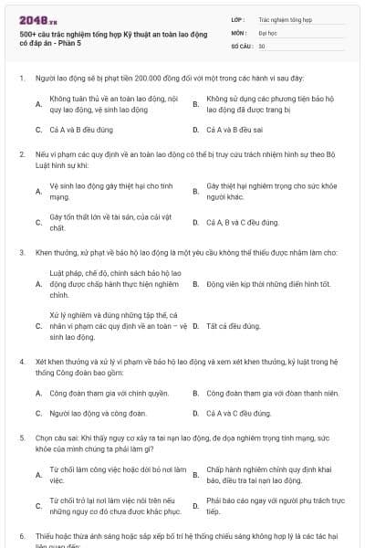 500+ câu trắc nghiệm tổng hợp Kỹ thuật an toàn lao động có đáp án - Phần 5