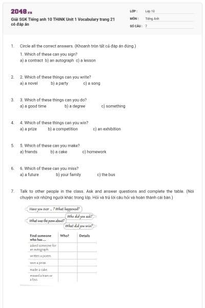 Giải SGK Tiếng anh 10 THiNK Unit 1 Vocabulary trang 21 có đáp án